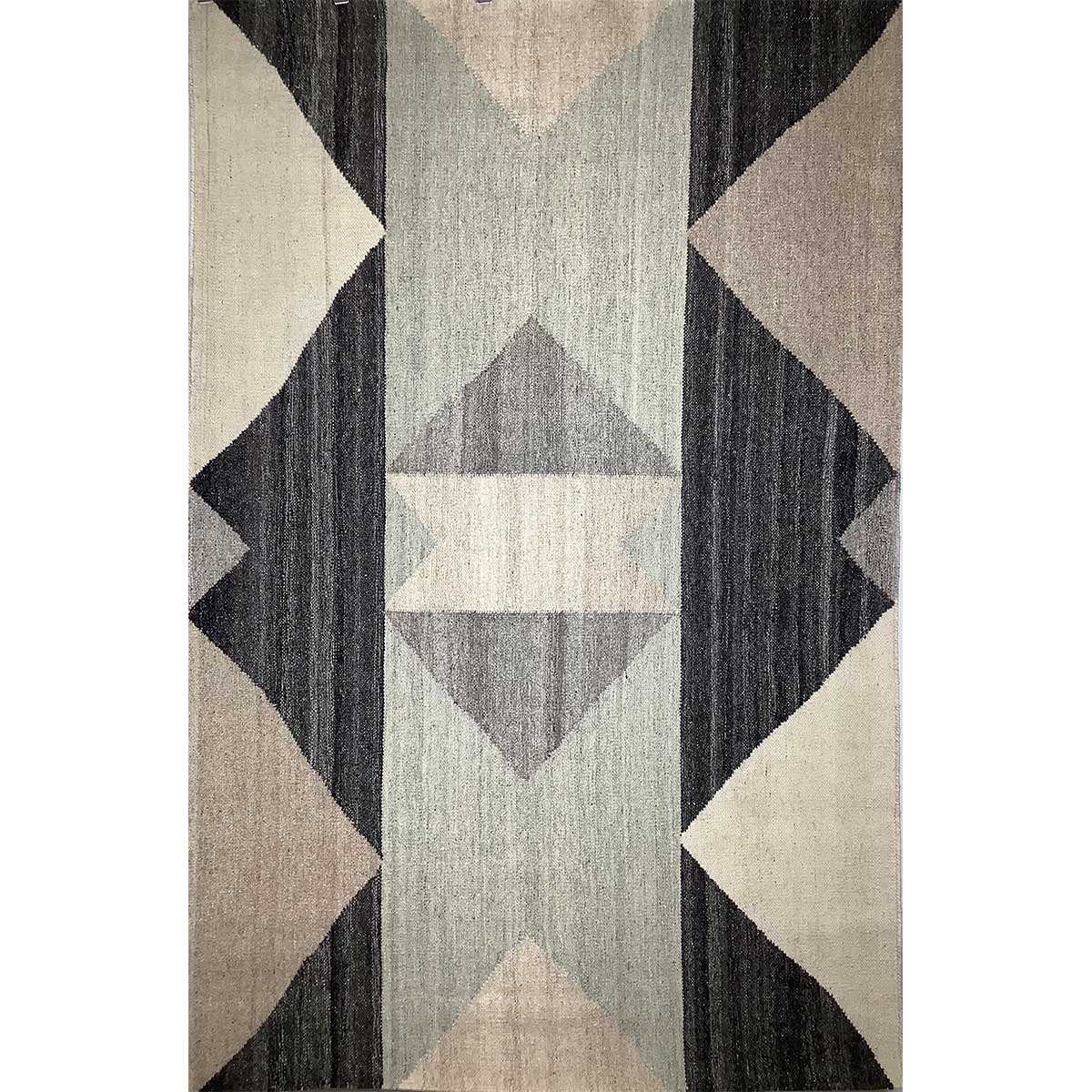 Hand Woven Wool Rug Geometric Pattern Flat Weave Grey Black Color (Design FL-001) in London