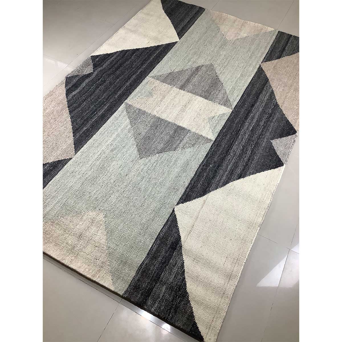 Hand Woven Wool Rug Geometric Pattern Flat Weave Grey Black Color (Design FL-001) in London