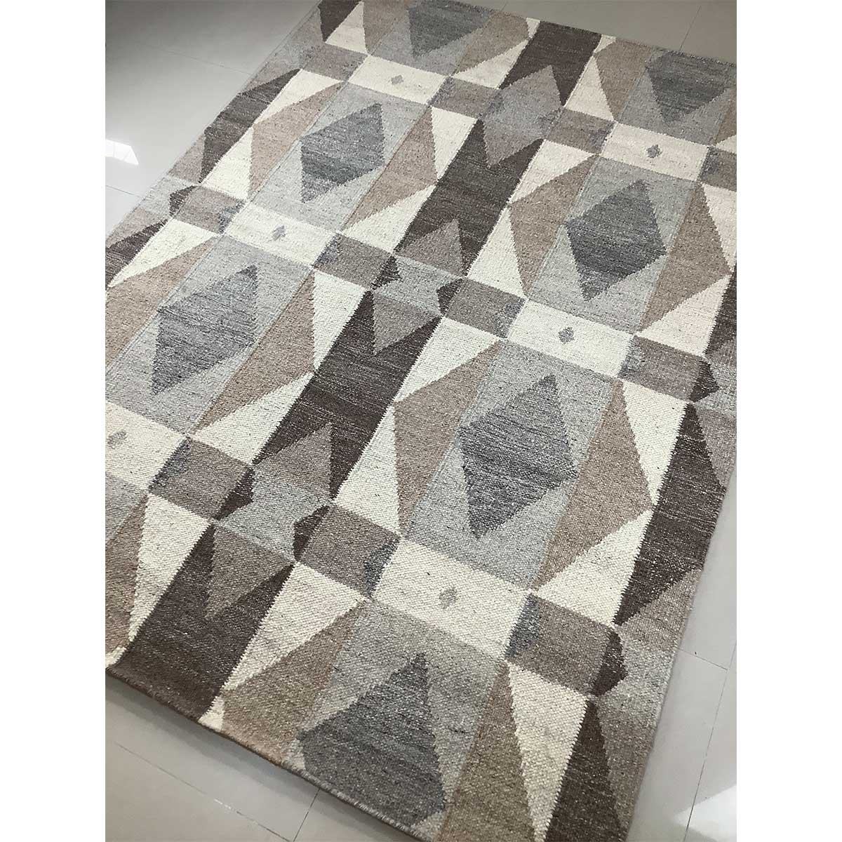 Hand Woven Wool Rug Geometric Pattern Flat Weave Brown Color (Design FL-004) in London