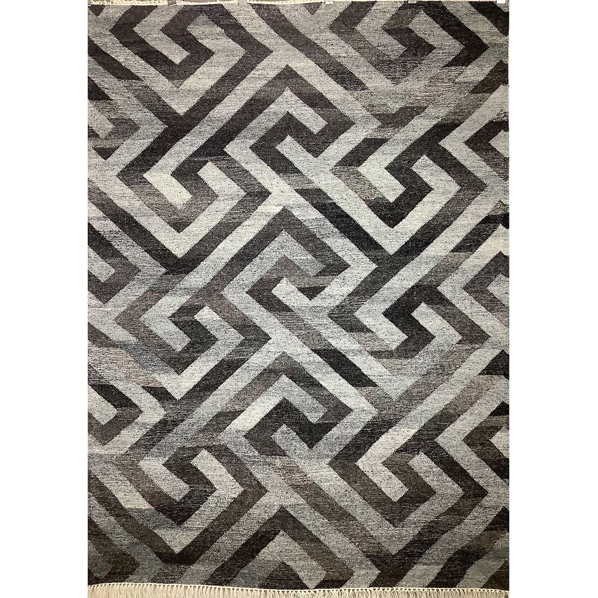 Hand Woven Wool Rug Geometric Pattern Flat Weave Grey Black Color (Design FL-007) in London