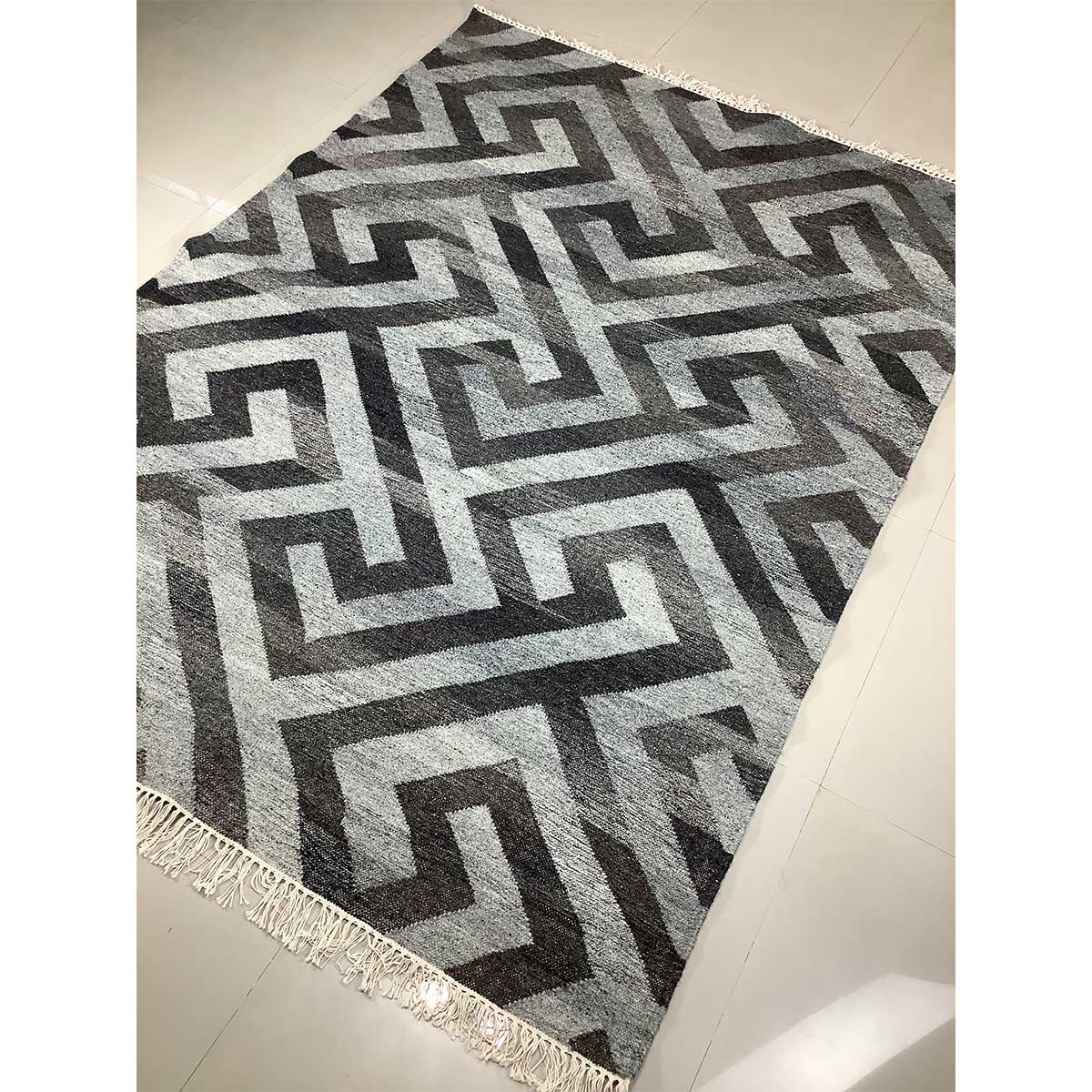 Hand Woven Wool Rug Geometric Pattern Flat Weave Grey Black Color (Design FL-007) in London