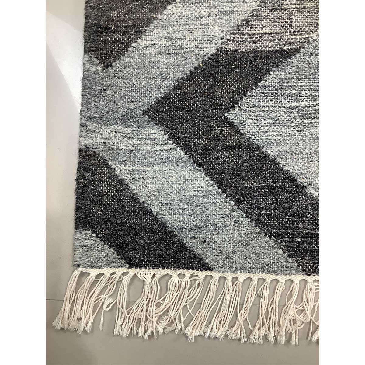 Hand Woven Wool Rug Geometric Pattern Flat Weave Grey Black Color (Design FL-007) in London