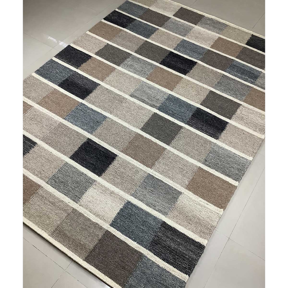 Hand Woven Wool Rug Geometric Pattern Flat Weave Grey Black Color (Design FL-010) in London