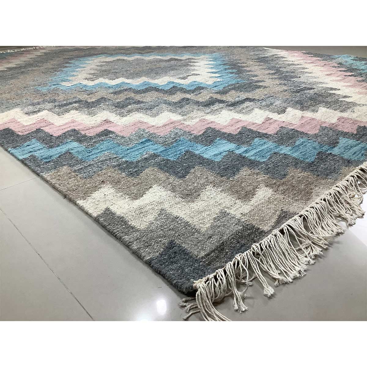 Wool Hand Woven Rug Geometric Design Flat Weave Grey Multi Color (Design FL-016) in London