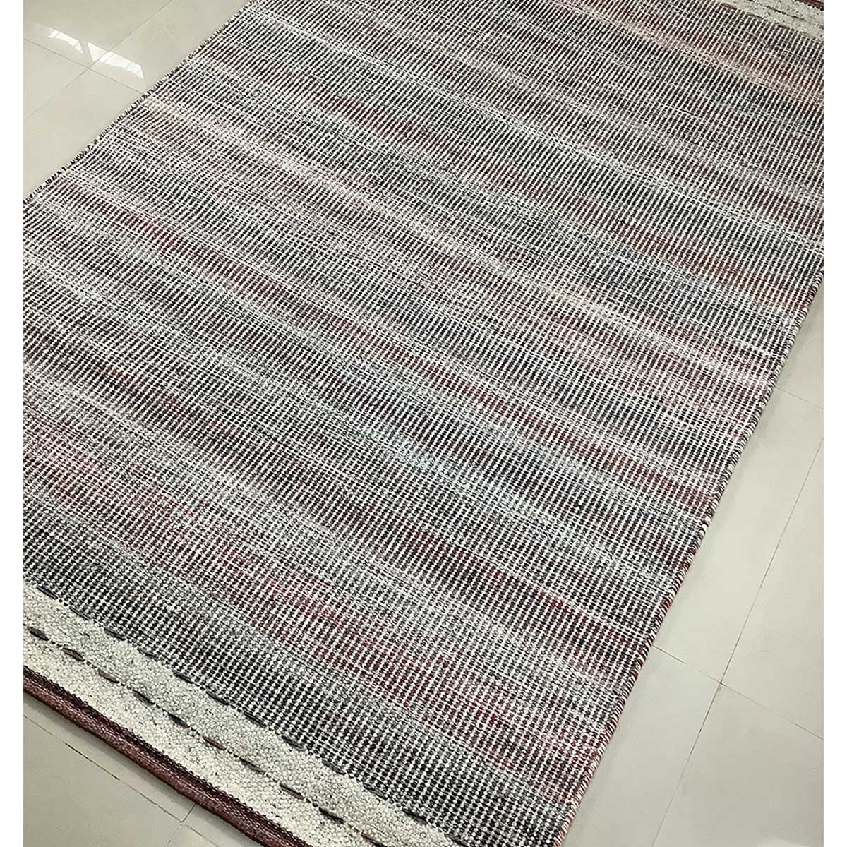 Red Silver Lines Pattern Wool Rug Flat Weave Hand Woven (Design FL-019) in London