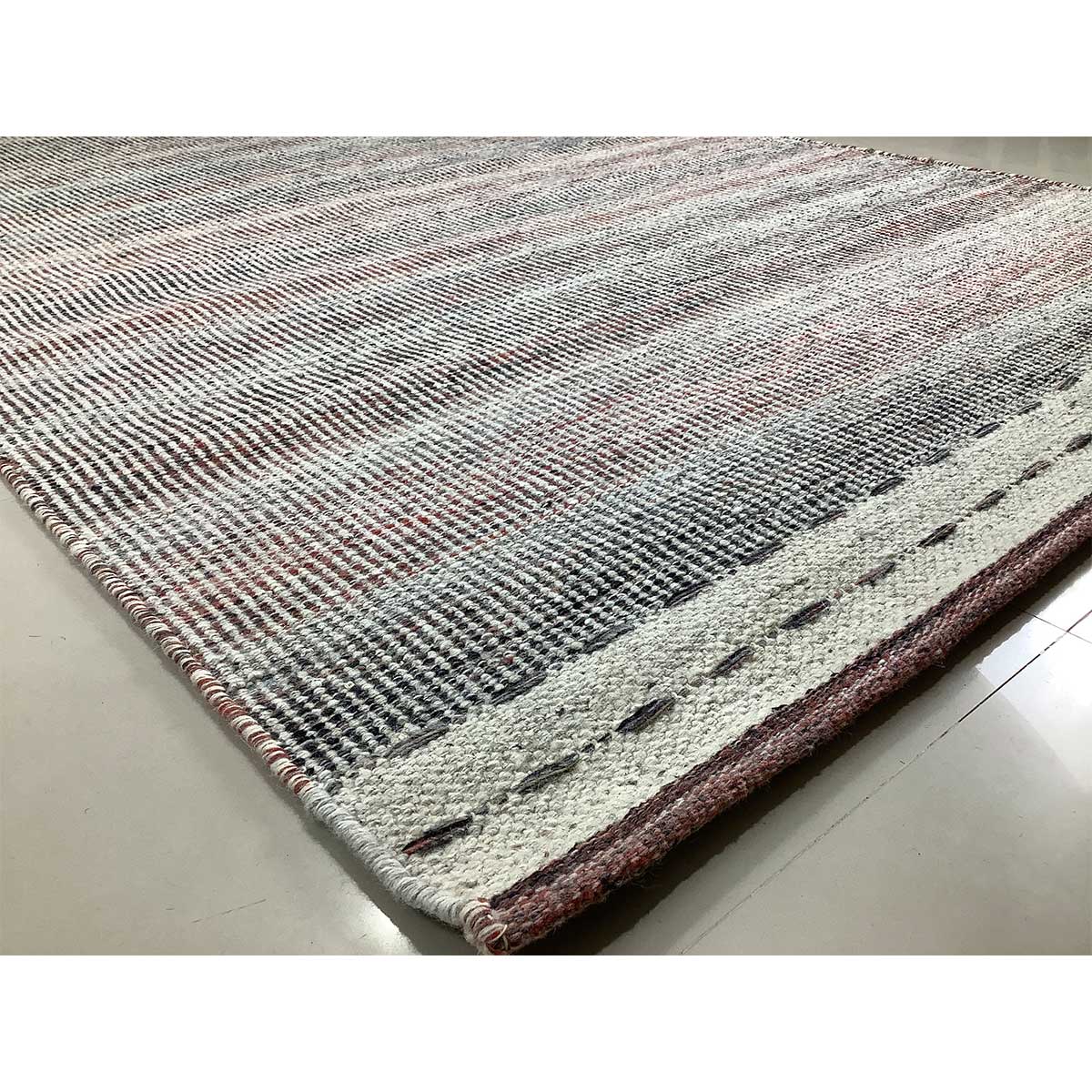 Red Silver Lines Pattern Wool Rug Flat Weave Hand Woven (Design FL-019) in London