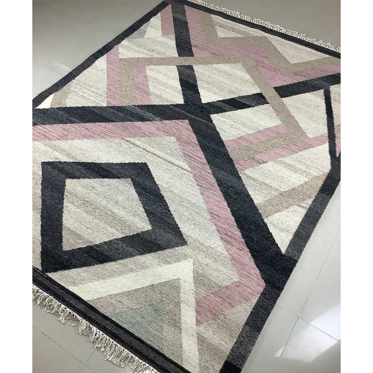 Hand Woven Wool Rug Geometric Pattern Flat Weave Cream Color (Design FL-026) in London