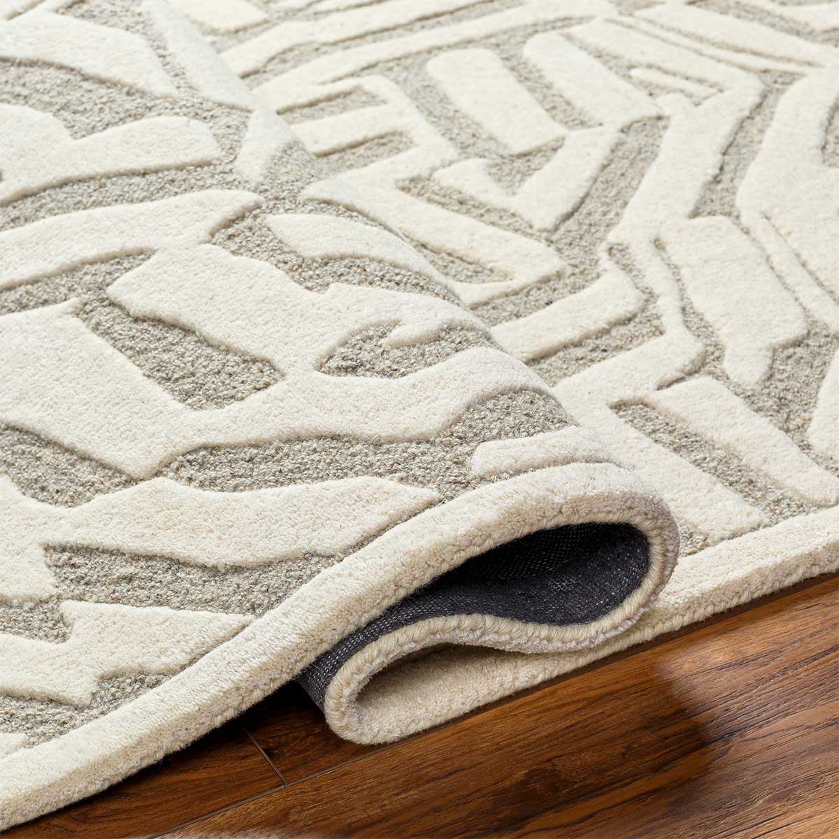 Elegant Hand-Tufted Wool Rug in Cream and Grey with Loop Cut Texture (Design Code HT-029) in Noida